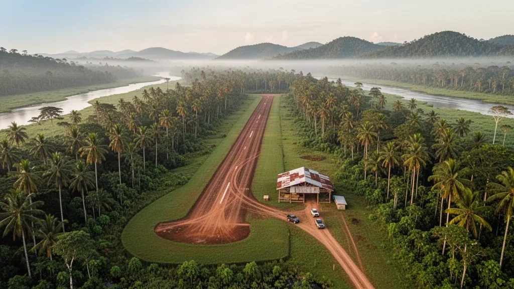 Vista aérea durante la hora dorada de la pequeña pista tropical y la terminal de madera que sirve a Malalaua en la provincia del Golfo de Papúa Nueva Guinea