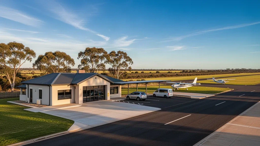 Terminal d'aéroport régional et aire de stationnement à l'aéroport de Millicent en Australie-Méridionale, avec de légers aéronefs stationnés sur le tarmac à l'heure dorée