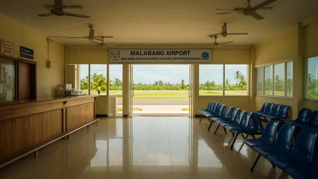Intérieur du terminal de l'aéroport de Malabang MLP dans le Lanao del Sur avec sièges d'attente, zone d'enregistrement et lumière tropicale du jour.