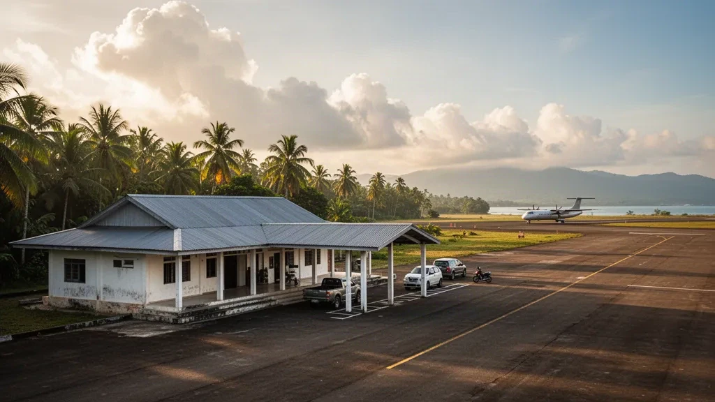 Piccolo terminal aeroportuale provinciale a Malabang, Lanao del Sur, Mindanao, incorniciato dalle palme durante l'ora d'oro