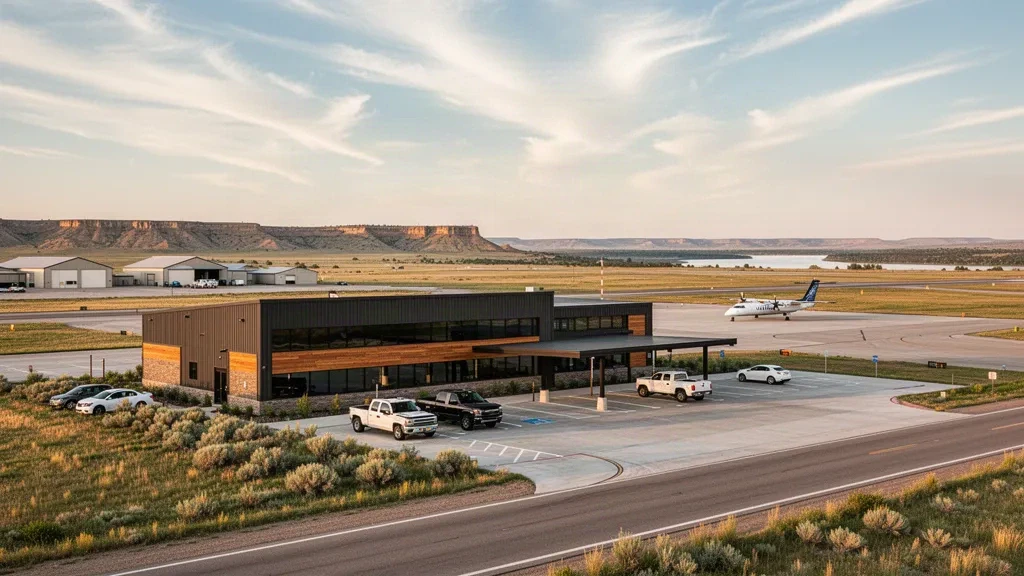 Terminal regionale, piazzale e skyline della prateria aperta all'aeroporto di Miles City Frank Wiley Field in Montana
