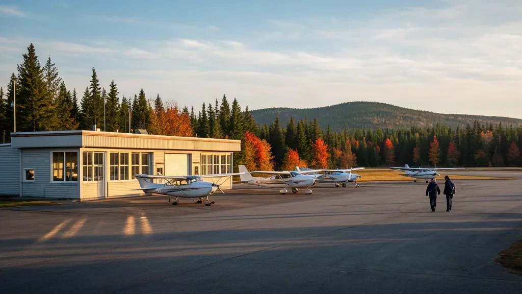 Small general aviation terminal and tied-down aircraft on the apron at Millinocket Municipal Airport MLT in Maine on an autumn afternoon