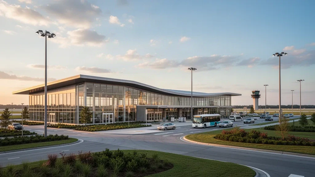 Außenansicht eines modernen Glasterminals am Monroe Regional Airport in Louisiana zur goldenen Stunde, mit Bringspur und offenem Himmel.