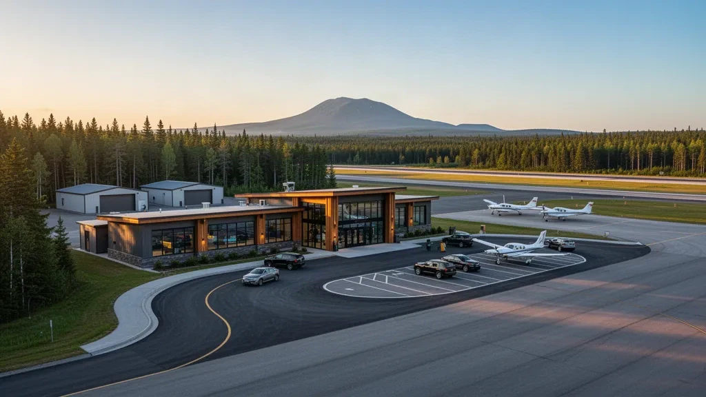 Millinocket, Maine'de küçük bir belediye havaalanı terminali, altın saatlerde Katahdin Dağı ve ormanlık tepeler