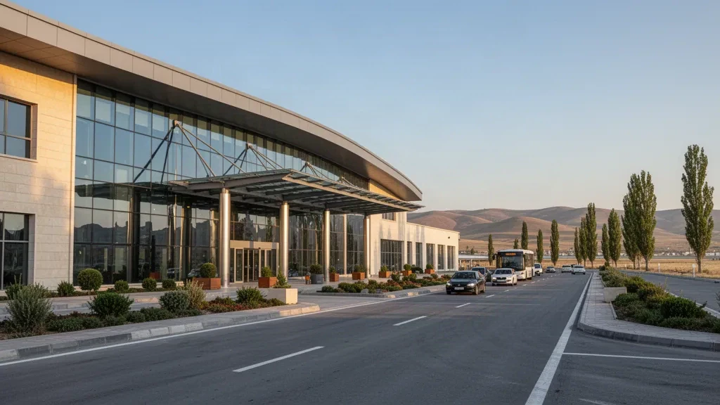 Modern glass terminal exterior at Malatya Erhaç Airport with drop-off lanes, cars and warm golden-hour light