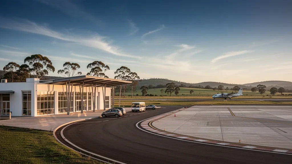 Terminal moderna de vidrio y carril de descenso en el Aeropuerto Internacional de Cerro Largo cerca de Melo, Uruguay, con una calle de rodaje y cielo abierto en la hora dorada.