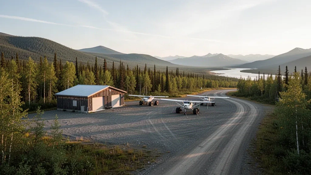 Piste en gravier, petit abri d'aérodrome en bois et avions de brousse à l'aéroport isolé de Manley Hot Springs, dans l'intérieur de l'Alaska, à l'heure dorée