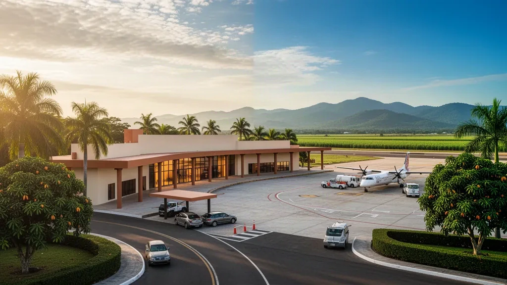 Low-rise terminal, apron and palms at Ciudad Mante Los Huastecas National Airport in Tamaulipas, Mexico, bathed in warm golden-hour light