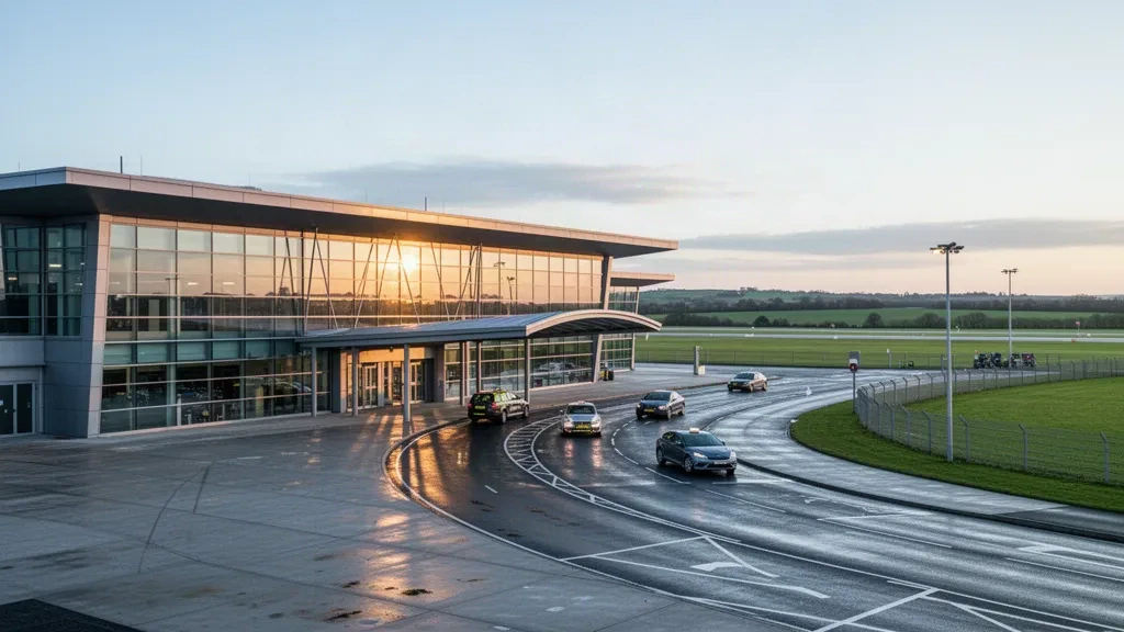Modern glass terminal and drop-off forecourt at Teesside International Airport near Darlington, lit by late afternoon sun