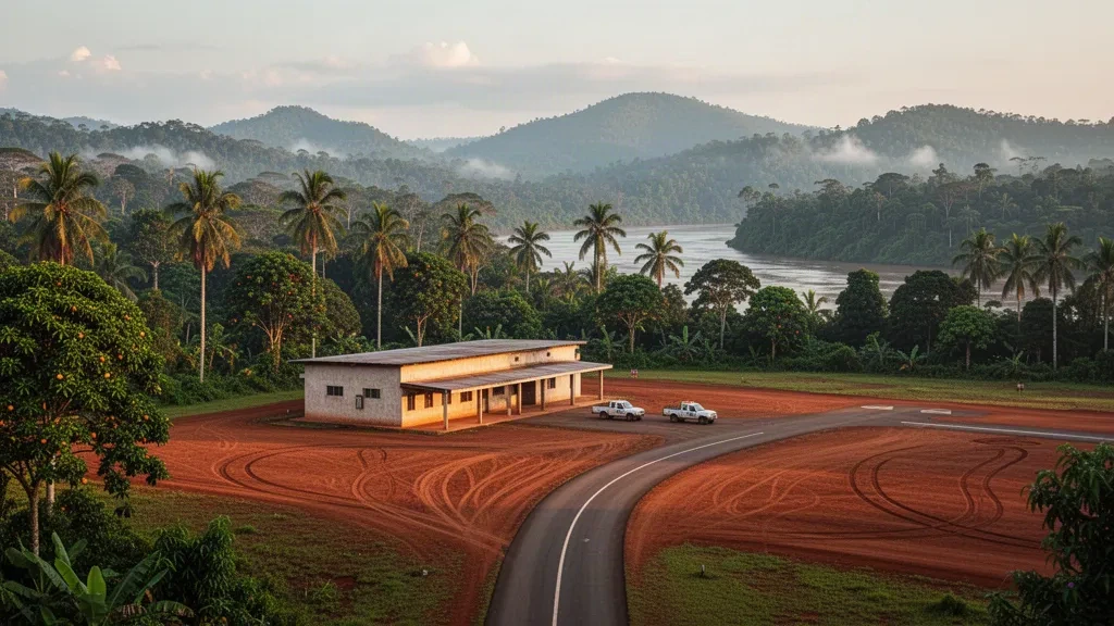 Pequeña pista de aterrizaje regional que sirve a Mamfe en Camerún, con una terminal modesta y una pista de tierra roja rodeada de selva tropical