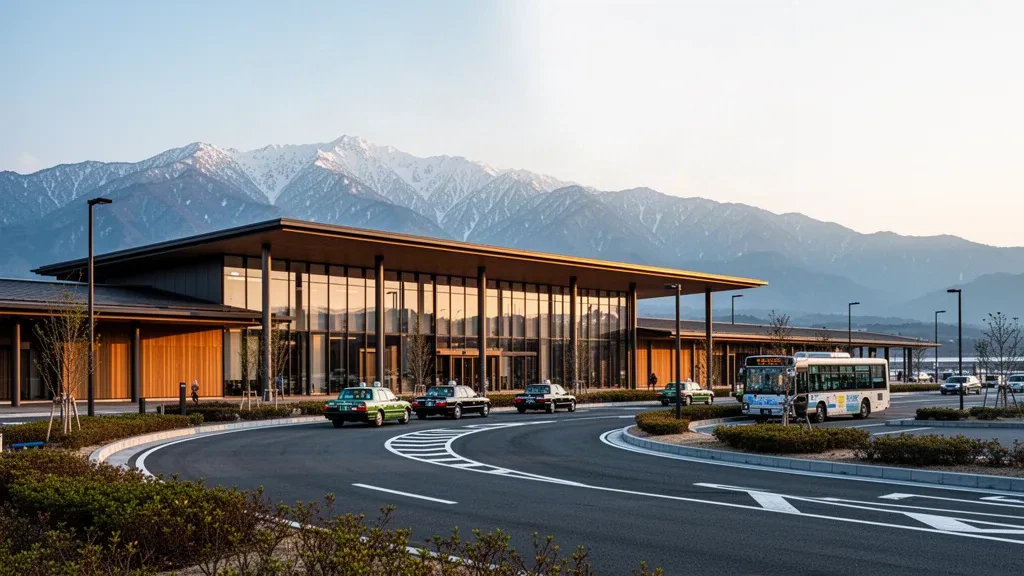 Modern terminal exterior at Shinshu-Matsumoto Airport in Matsumoto, Japan, with drop-off lanes and the Japanese Alps in the background.