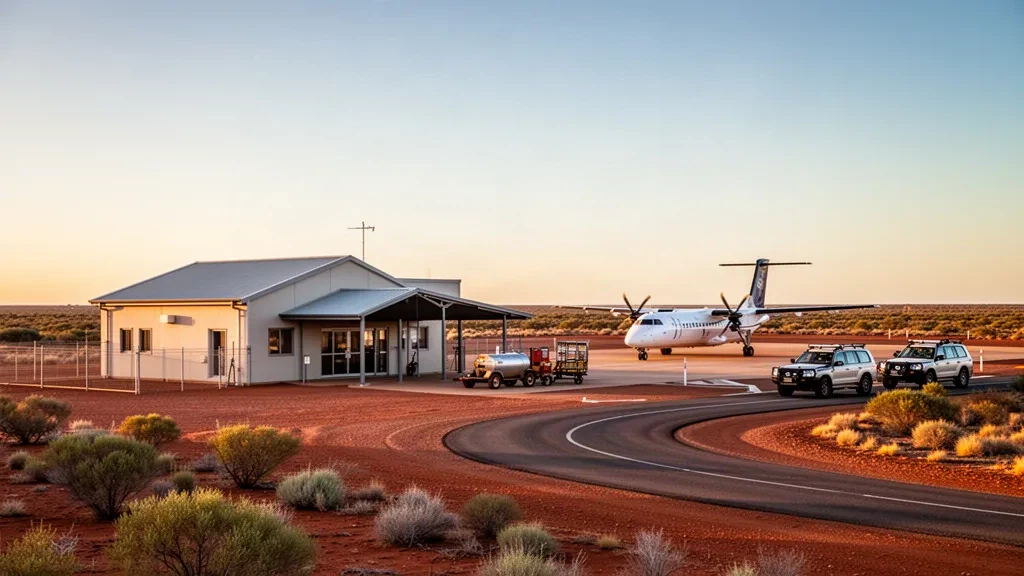 Tarmac d'aéroport isolé de l'outback et petit terminal à Mount Magnet en Australie-Occidentale sous un large ciel à l'heure dorée