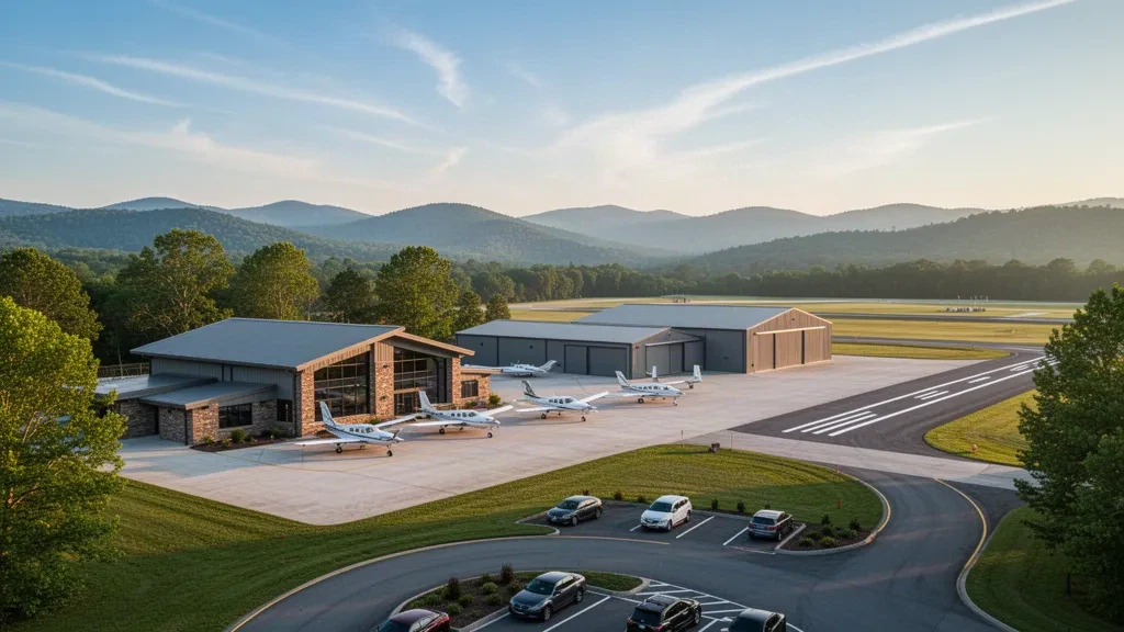 Blick zur goldenen Stunde auf den McMinn County Airport bei Athens, Tennessee, mit kleinem Terminal, Hangars und abgestellten Flugzeugen auf dem Vorfeld