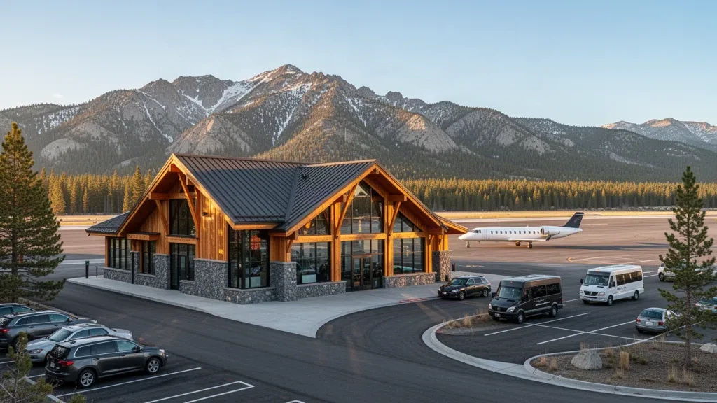 Kaliforniya'daki Mammoth Yosemite Havalimanı'nda Sierra Nevada zirveleri ve pistte bölgesel bir jet ile modern dağ terminali