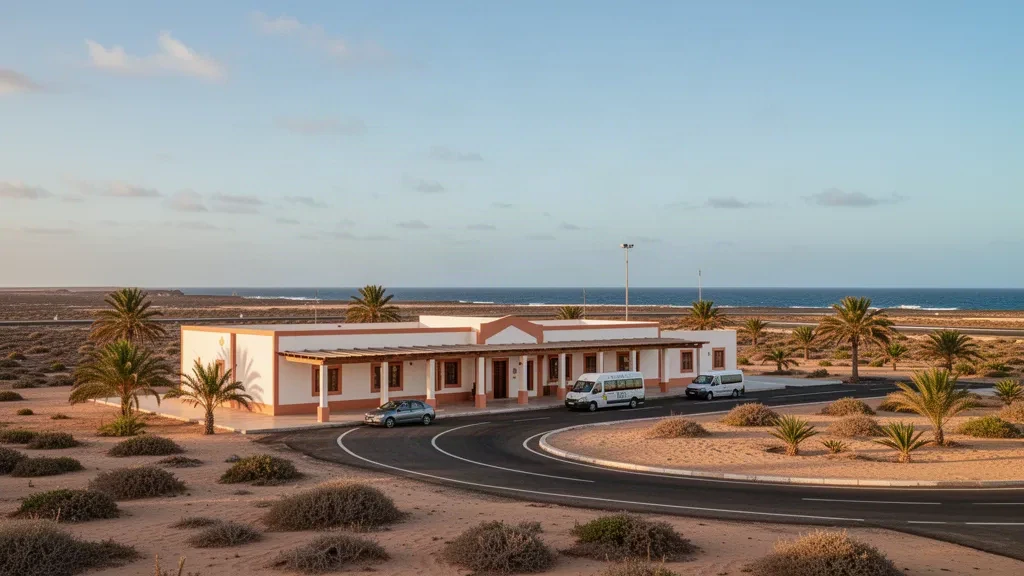 Small white island airport terminal and curved drop-off lane at Maio Airport on Cape Verde's Maio Island in warm golden light