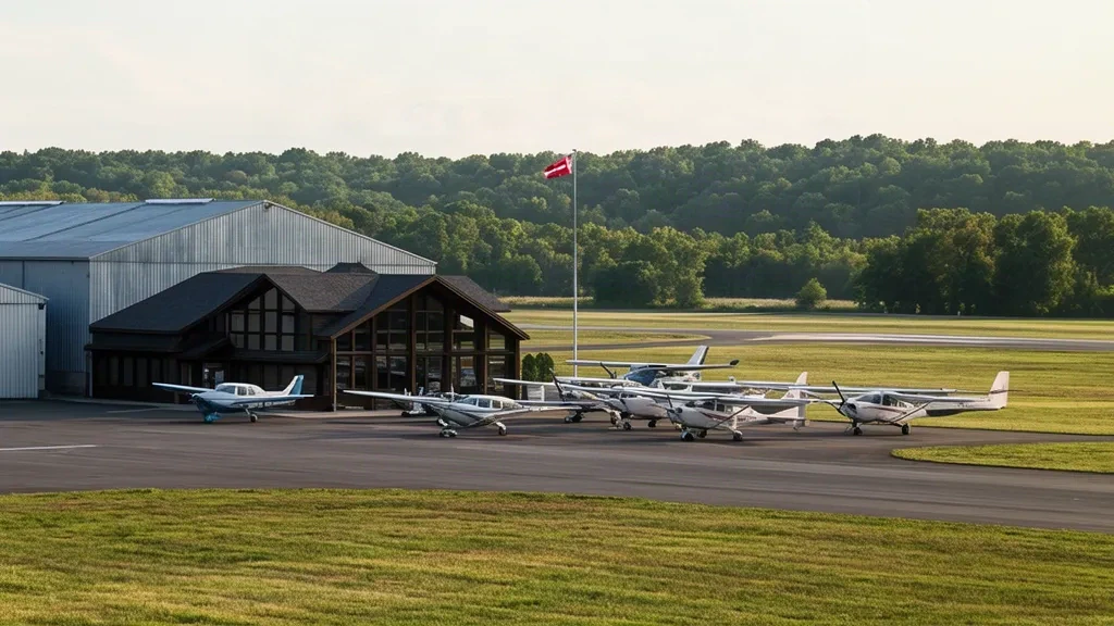 Small general aviation terminal and parked aircraft at Minute Man Air Field in Stow, Massachusetts, on a clear morning