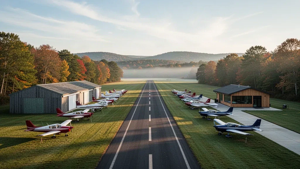 Vista dorada al atardecer de Minute Man Air Field en Stow, Massachusetts, con hangares, aviones ligeros amarrados y una pista rodeada de árboles