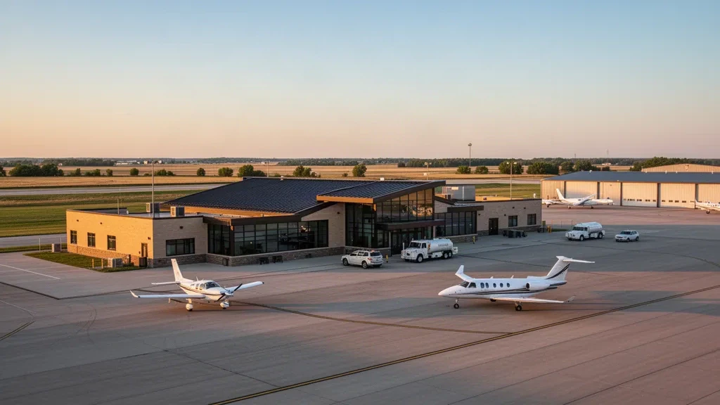 Marshall, Minnesota'daki Güneybatı Minnesota Bölge Havaalanı'nda modern bir terminal, apron ve genel havacılık uçaklarının altın saatlerdeki görünümü.