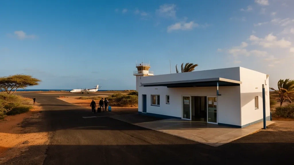 Cape Verde'deki Maio Havalimanı MMO'da beyaz badanalı tek katlı terminal, açık Atlantik gökyüzü altında güneşli apronda yolcular ve bir turboprop uçak.
