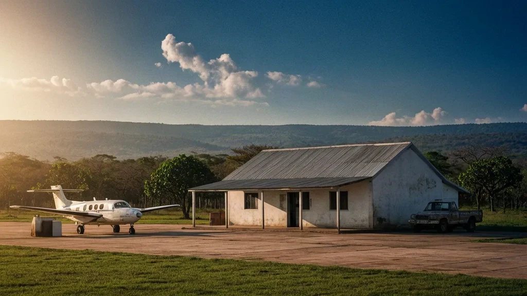 Small whitewashed terminal building at Mbala Airport in northern Zambia with a light aircraft parked on the sunlit apron before wooded hills