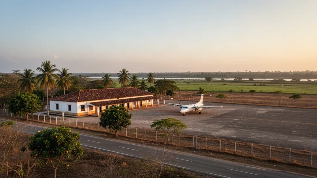 Aeroporto di San Bernardo a Mompós, Colombia, con un piccolo terminal bianco, palme e un aereo leggero sulla piazzola all'ora d'oro