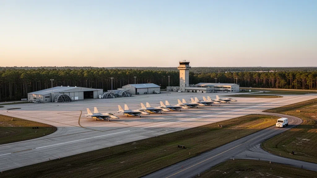 Fighter jets on the sunlit ramp at McEntire Joint National Guard Base airfield near Eastover, South Carolina at golden hour