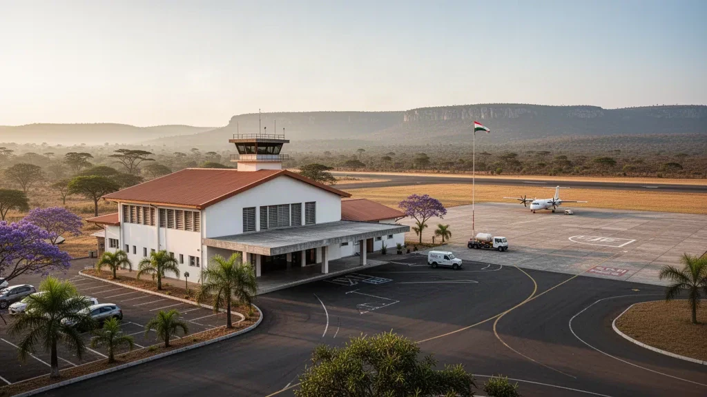 Petit terminal d'aéroport régional et tarmac dans le nord de la Zambie près du lac Tanganyika, photographié dans une lumière chaude d'heure dorée