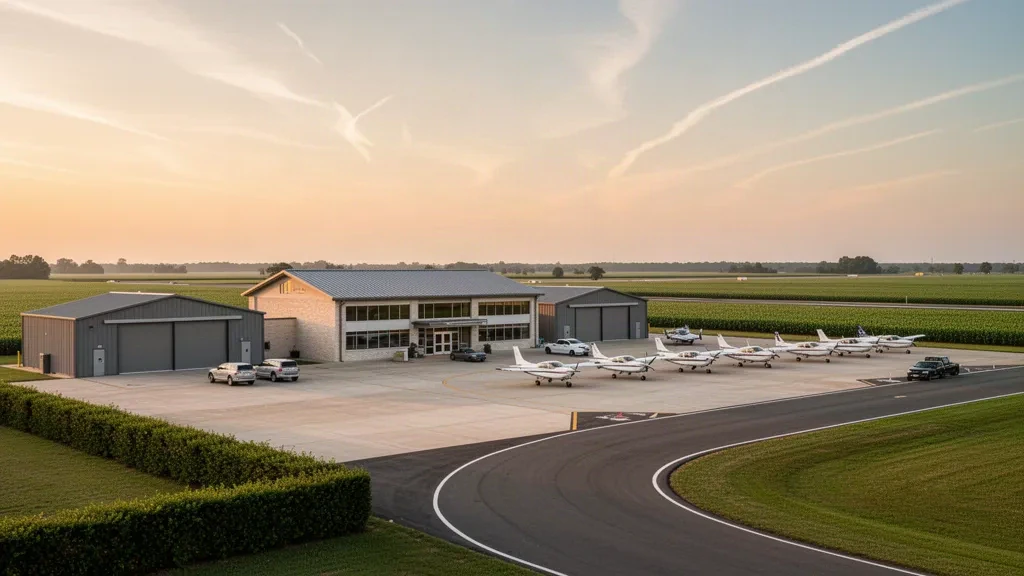 Piccolo terminal per aviazione generale, hangar e velivoli leggeri parcheggiati all'aeroporto di Selfs vicino a Marks, Mississippi, nella calda luce del tardo pomeriggio