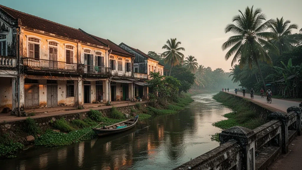 Veduta all'ora d'oro delle case a schiera coloniali francesi lungo il fiume Sangker a Battambang, Cambogia