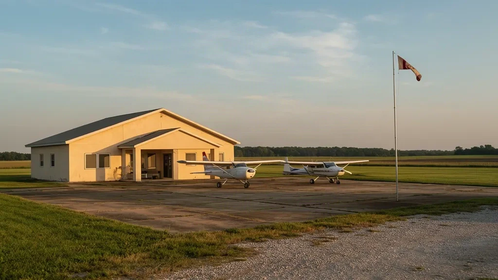 Mississippi, Marks'taki Selfs Havalimanı'nda sıcak öğleden sonra sonrası Delta ışığında mütevazı terminal binası ve hafif uçak apronu