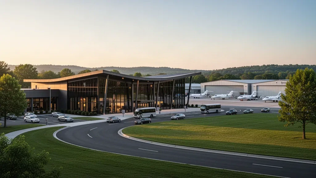 Modern terminal exterior at Morristown Municipal Airport with business jets on the apron and a curved drop-off road at golden hour