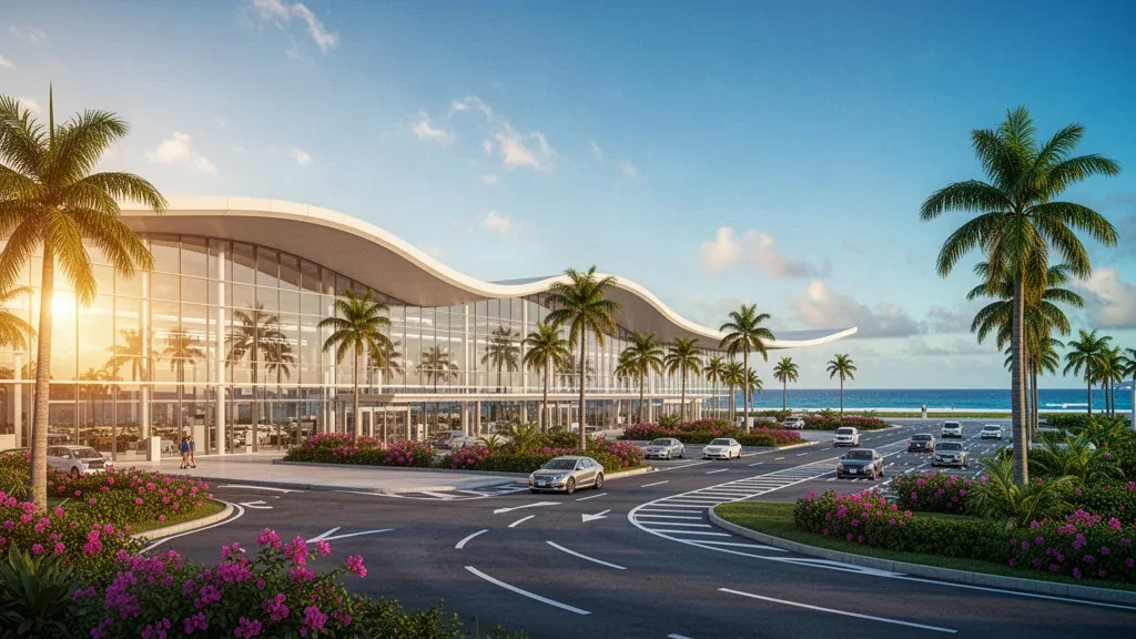 Exterior moderno de terminal con cristaleras en el aeropuerto de Miyako, en Miyakojima, Okinawa, con palmeras y luz de hora dorada
