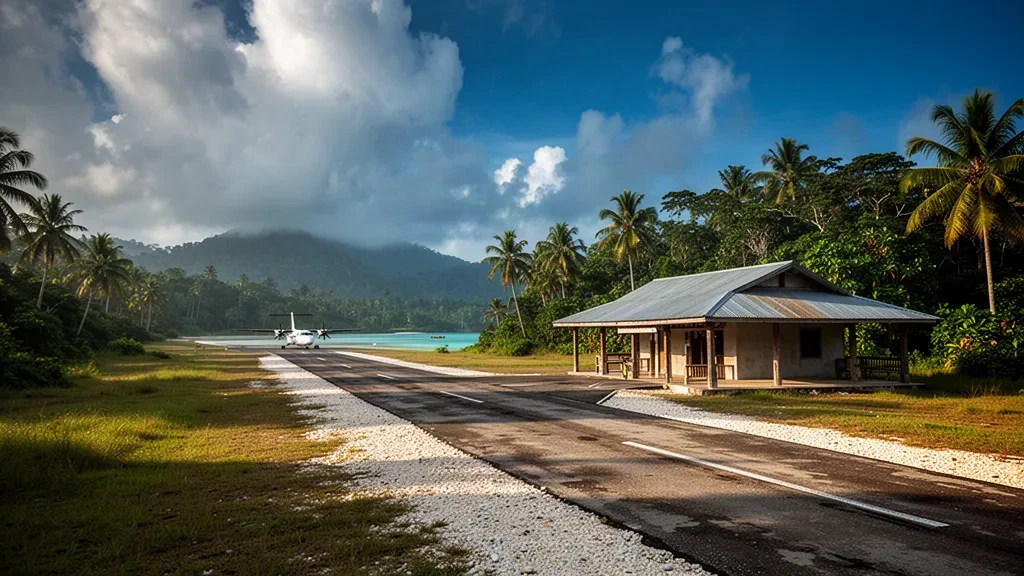 Tropical island runway and open-air terminal at Mal Airport in Papua New Guinea under warm golden-hour light.