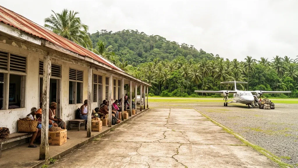 Small tropical terminal building and parked turboprop at Mal Airport MMV in Papua New Guinea under humid equatorial light
