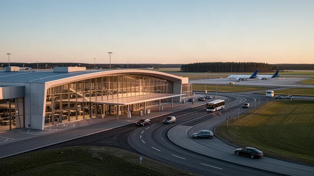 Bâtiment terminal en verre courbé et aire de trafic à l'aéroport de Malmö Sturup en Suède, photographiés sous une chaude lumière dorée
