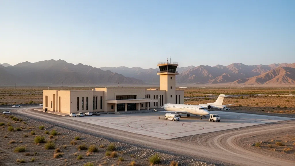 Terminal, Vorfeld und Kontrollturm des Flughafens Maymana Zahiraddin Faryabi in Faryab, Afghanistan, zur goldenen Stunde mit Bergen im Hintergrund