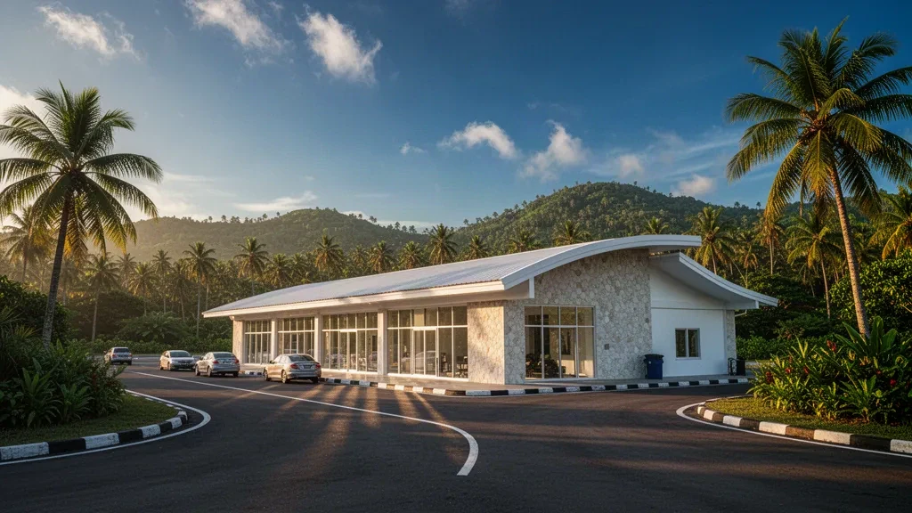 Terminal tropical moderna y carril de descenso bordeado de palmeras en el Aeropuerto Melangguane, en las islas Talaud, Célebes Septentrional