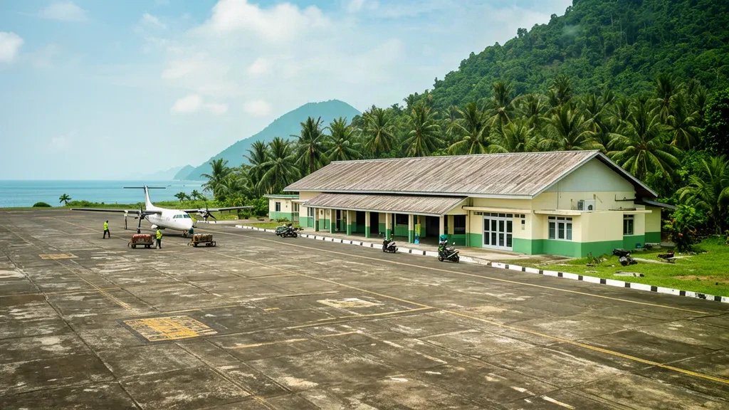 Piccolo edificio terminal sull'isola all'aeroporto di Melangguane sull'isola di Karakelong nel Sulawesi del Nord, Indonesia, con uno sfondo collinare tropicale