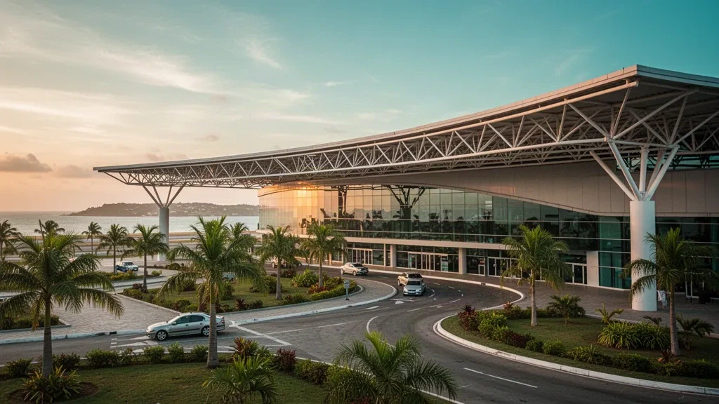 Modernes gläsernes Terminalgebäude am Nacala International Airport in Mosambik mit palmengesäumten Vorfahrtsspuren und warmem goldenem Küstenlicht zur Abendstunde.