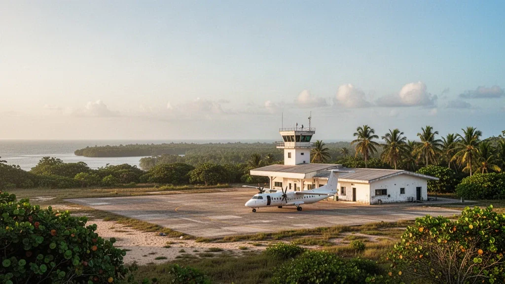 Un avion sur le tarmac de l'aéroport de Muanda en RDC, encadré de palmiers tropicaux avec le littoral atlantique qui brille à l'heure dorée