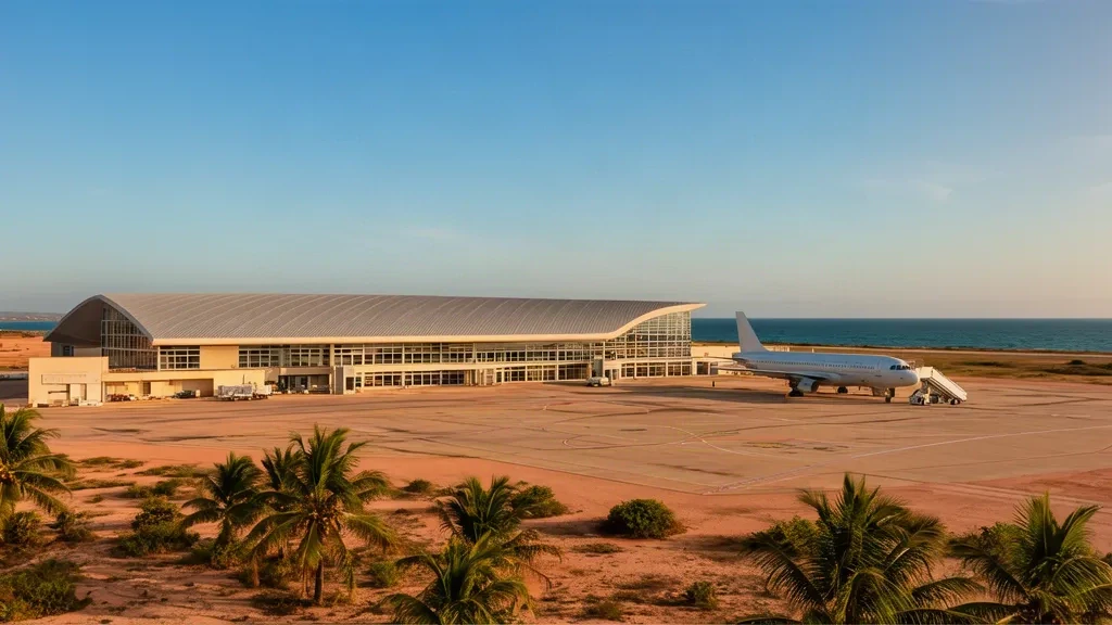 Mozambik'teki Nacala Uluslararası Havalimanı'nda parlak tropikal kıyı gün ışığı altında modern terminal ve apron