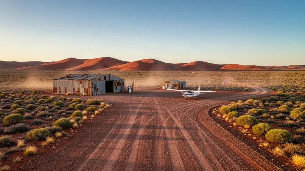 Remote Outback gravel airstrip at Mungeranie Airport in South Australia with a parked light aircraft, desert scrub and wide golden-hour sky