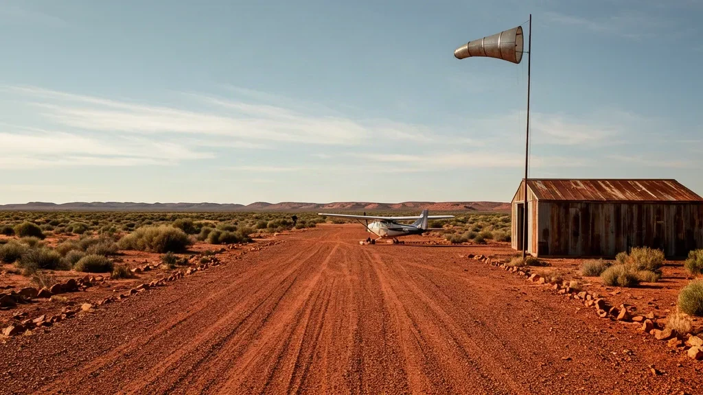 Rote Staubpiste und Wellblechschuppen am abgelegenen Landeplatz des Flughafens Mungeranie im trockenen südaustralischen Outback