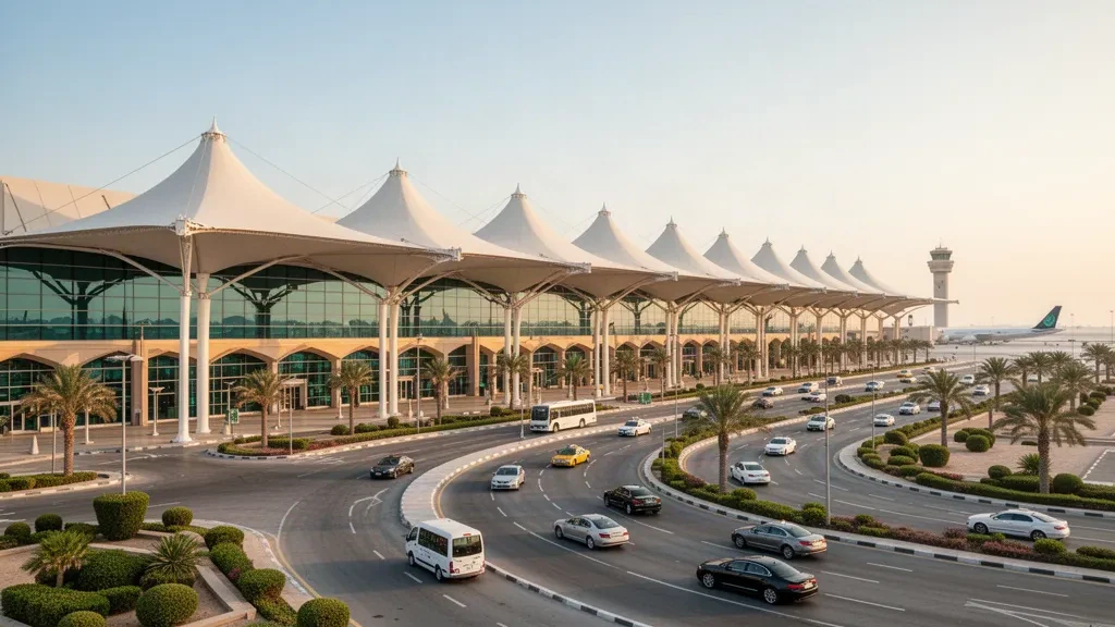 Architecture moderne du terminal de l'aéroport de Medina en Arabie saoudite avec une canopée blanche, éclairée par la lumière chaude de l'heure dorée