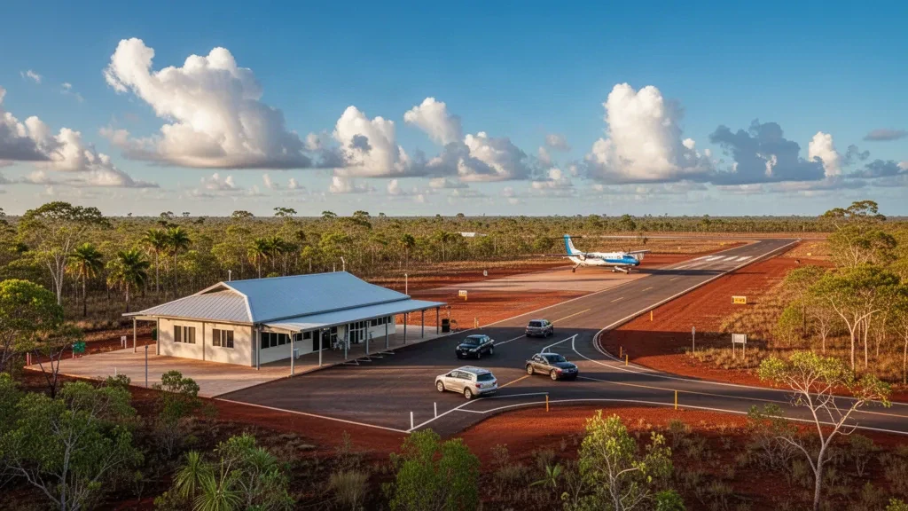 Terminal et piste de l'aéroport isolé de Maningrida, entourés de la brousse tropicale de la Terre d'Arnhem sous le ciel clair du nord de l'Australie.