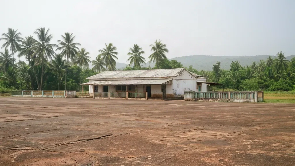 Edificio terminal bajo y encalado del aeropuerto de Mananjary MNJ en Madagascar, enmarcado por palmeras y vegetación tropical bajo una luz diurna brillante