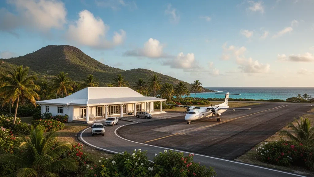 Pequeña terminal caribeña y pista en la ladera del Aeropuerto John A. Osborne en Montserrat bajo la cálida luz de la hora dorada
