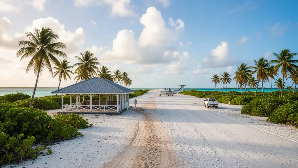 Kiribati, Maiana Atolü'ndeki Maiana Havalimanı'nda palmiyelerle çevrili, parlak Pasifik gökyüzü altındaki mercan pisti ve küçük açık hava terminali