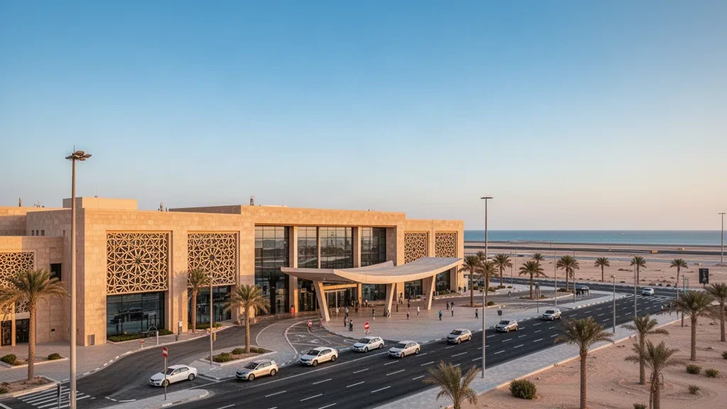 Umman'daki Mussanah Havaalanı'nda sıcak altın saat ışığı altında modern terminal ve bırakma alanı, seyahat sayfası katmanları için açık gökyüzü.