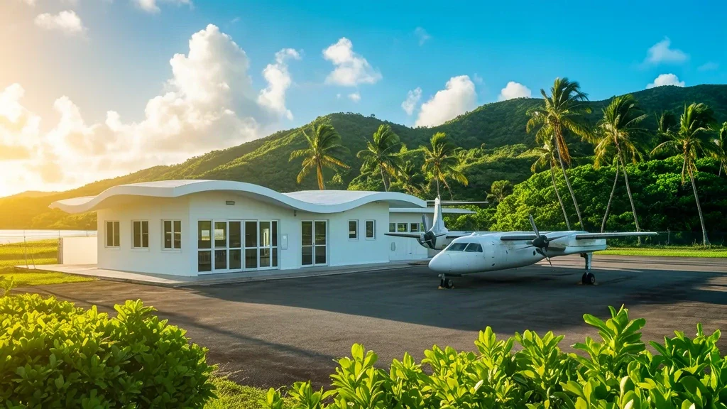 Terminal dell'aeroporto John A. Osborne a Montserrat, un piccolo edificio bianco accanto alla pista con verdi colline vulcaniche sullo sfondo